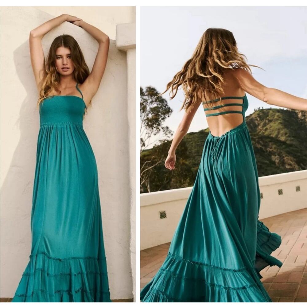 Free People Teal Maxi Halter Dress-  XS/S (free shipping)